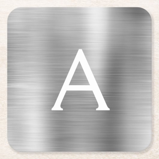 Luxury Silver Brushed Metal Monogram Name Initiaal Kartonnen Onderzetters (Voorkant)
