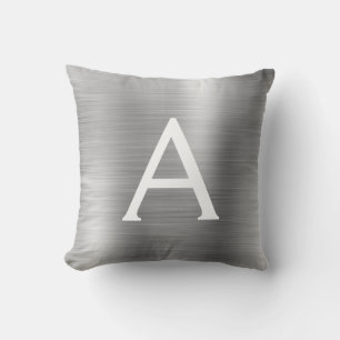 Luxury Silver Brushed Metal Monogram Name Initiaal Kussen