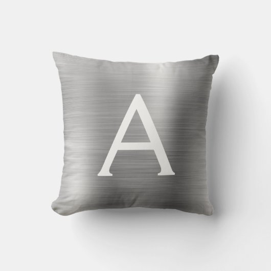 Luxury Silver Brushed Metal Monogram Name Initiaal Kussen (Voorkant)