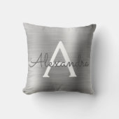 Luxury Silver Brushed Metal Monogram Name Initiaal Kussen (Voorkant)