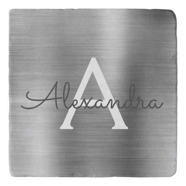 Luxury Silver Brushed Metal Monogram Name Initiaal Trivet (Voorkant)