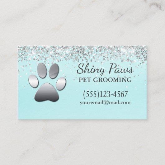 Luxury Silver Glitter Dog Paw Pet Grooming Visitekaartje (Voorkant)