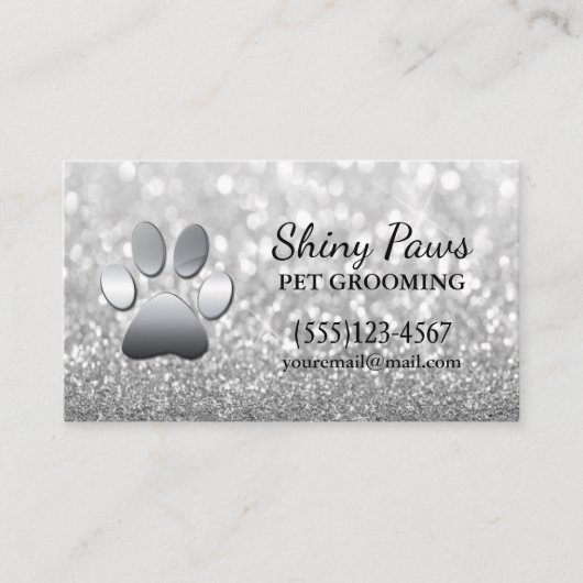 Luxury Silver Glitter Dog Pet Grooming Service Visitekaartje (Voorkant)