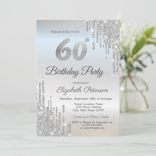 Luxury Silver Glitter Drips 60e verjaardag Kaart (Staand voorkant)