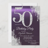 Luxury Silver Glitter Drips Purple 50th  Kaart (Voorkant)