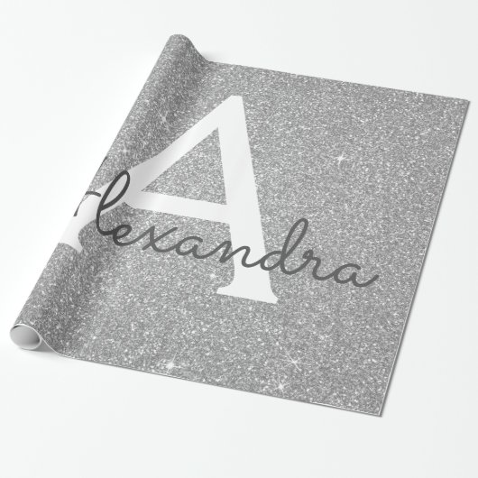 Luxury Silver Glitter en Sparkle Monogram Cadeaupapier (Uitgerold)