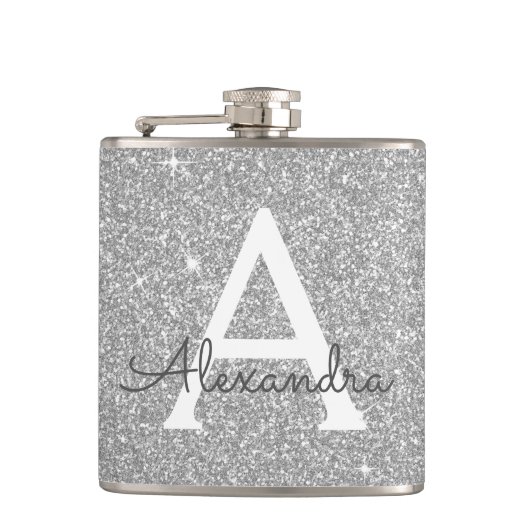 Luxury Silver Glitter en Sparkle Monogram Heupfles (Voorkant)