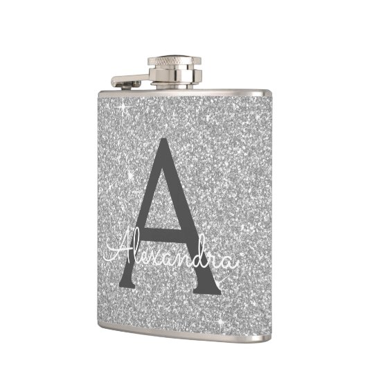 Luxury Silver Glitter en Sparkle Monogram Heupfles (Links)