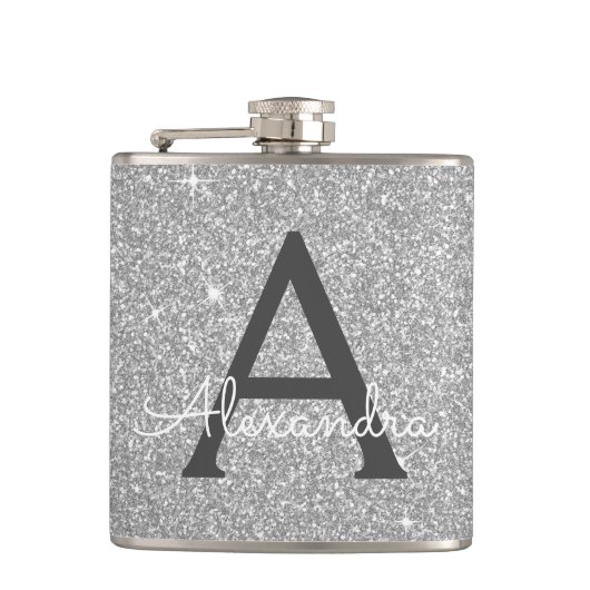Luxury Silver Glitter en Sparkle Monogram Heupfles (Voorkant)