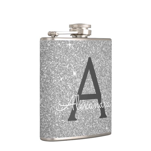 Luxury Silver Glitter en Sparkle Monogram Heupfles (Rechts)