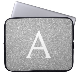 Luxury Silver Glitter en Sparkle Monogram Laptop Sleeve