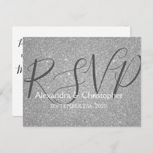 Luxury Silver Glitter en Sparkle RSVP Uitnodiging Briefkaart (Voorkant / Achterkant)