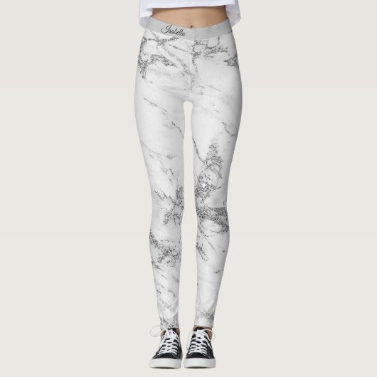 Luxury Silver Glitter Marble Add Text Leggings (Voorkant)