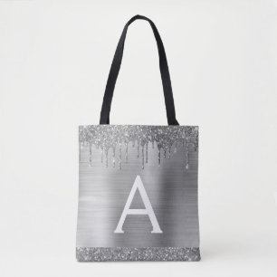 Luxury Silver Glitter Sparkle Elegant Monogram Tote Bag