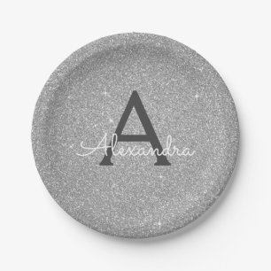 Luxury Silver Glitter & Sparkle Monogram Birthday Papieren Bordje