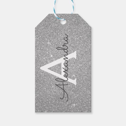 Luxury Silver Glitter & Sparkle Monogram Cadeaulabel (Voorkant)