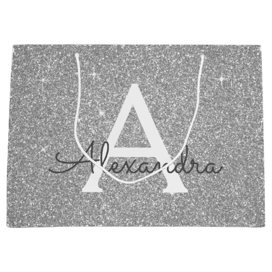 Luxury Silver Glitter & Sparkle Monogram Groot Cadeauzakje (Voorkant)