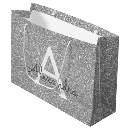 Luxury Silver Glitter & Sparkle Monogram Groot Cadeauzakje (Voorkant Gekanteld)