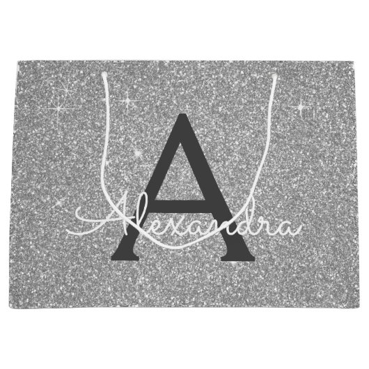 Luxury Silver Glitter & Sparkle Monogram Groot Cadeauzakje (Voorkant)