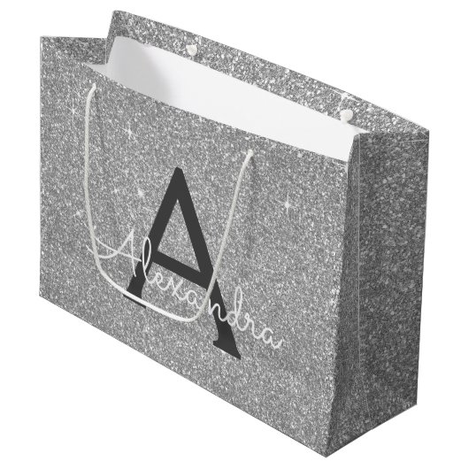 Luxury Silver Glitter & Sparkle Monogram Groot Cadeauzakje (Voorkant Gekanteld)