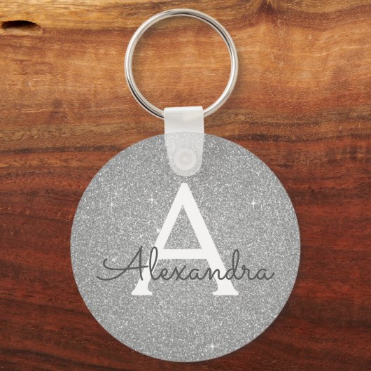 Luxury Silver Glitter & Sparkle Monogram Sleutelhanger (Voorkant)