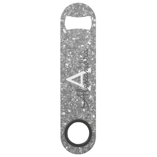 Luxury Silver Glitter & Sparkle Monogram Speed Flessenopener (Achterkant)