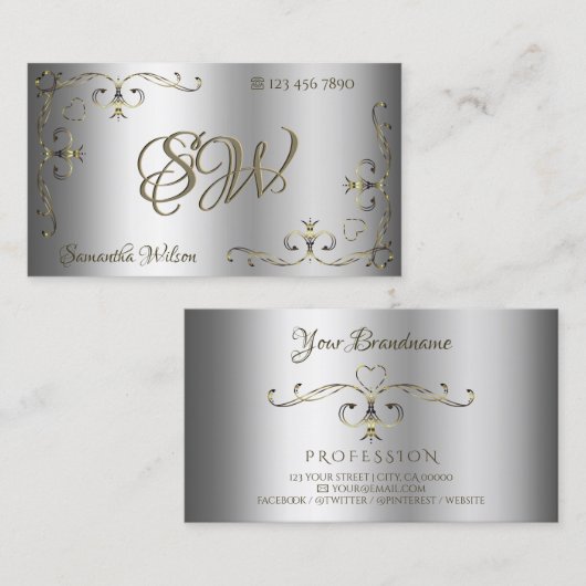 Luxury Silver Gold  Corners Initialen Elegant Visitekaartje (Voorkant / Achterkant)
