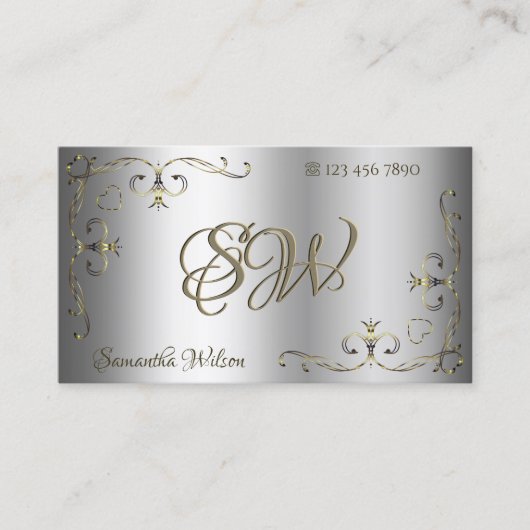 Luxury Silver Gold  Corners Initialen Elegant Visitekaartje (Voorkant)