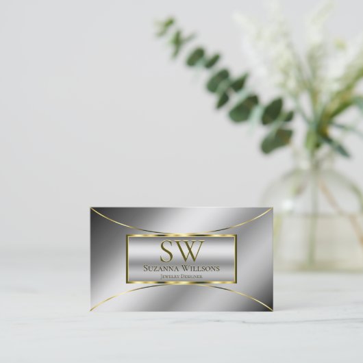 Luxury Silver Gold Decor met Monogram en Foto Visitekaartje (Staand voorkant)