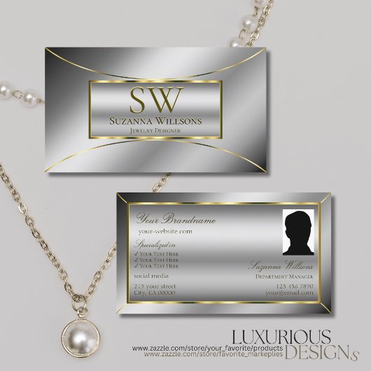 Luxury Silver Gold Decor met Monogram en Foto Visitekaartje