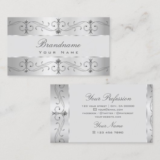 Luxury Silver Grey  Borders Juwelen Ornamenten Visitekaartje (Voorkant / Achterkant)