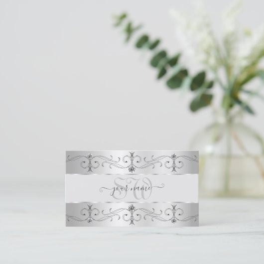 Luxury Silver Grey  Borders Visitekaartje (Staand voorkant)