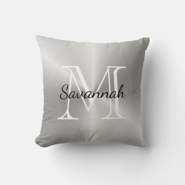 Luxury Silver Monogram Faux Metal Kussen (Voorkant)