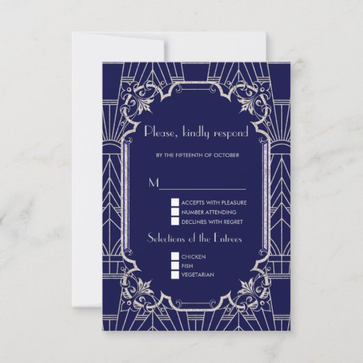 Luxury Silver Navy Blue Great 20s Wedding RSVP Kaartje (Voorkant)