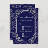 Luxury Silver Navy Blue Great 20s Wedding RSVP Kaartje (Voorkant / Achterkant)