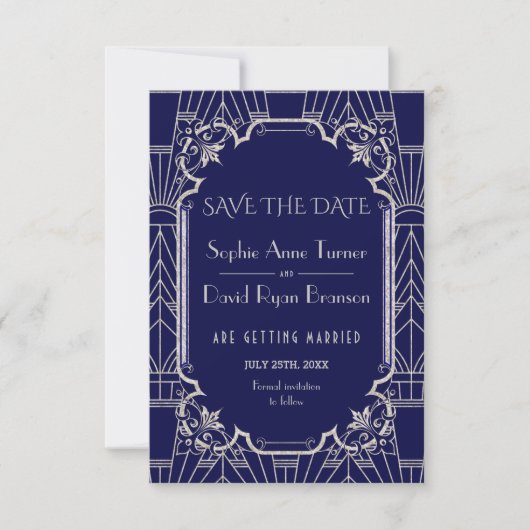Luxury Silver Navy Blue Great Gatsby 20s Wedding Save The Date (Voorkant)