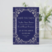 Luxury Silver Navy Blue Great Gatsby 20s Wedding Save The Date (Staand voorkant)
