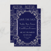 Luxury Silver Navy Blue Great Gatsby 20s Wedding Save The Date (Voorkant / Achterkant)