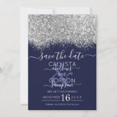 Luxury Silver Navy Glitter Confetti Wedding Save The Date (Voorkant)