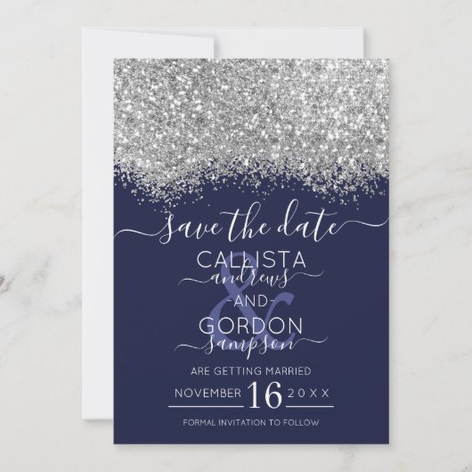 Luxury Silver Navy Glitter Confetti Wedding Save The Date (Voorkant)