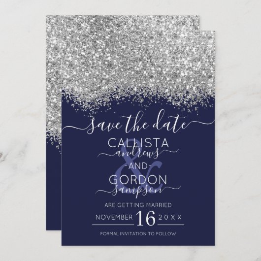 Luxury Silver Navy Glitter Confetti Wedding Save The Date (Voorkant / Achterkant)