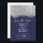 Luxury Silver Navy Glitter Confetti Wedding Save The Date<br><div class="desc">De elegante, glamoureuze en moderne bruiloft met de datumkaart is perfect voor het hedendaagse en stijlvolle echtpaar. Het is voorzien van een faux, opgerold zilveren, dunne glitter confetti-bespikkeld kleurenblok boven op een eenvoudige blauw marineklein. De achterzijde toont het zelfde glitter maar een dikker paneel. Deze griezelige, luxe en unieke vormgeving...</div>