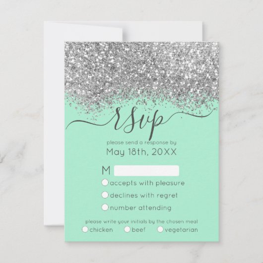 Luxury Silver Neo Mint Glitter Confetti Wedding RSVP Kaartje (Voorkant)