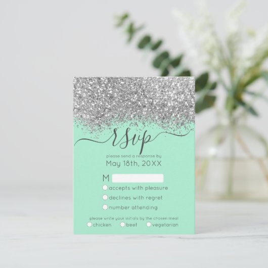 Luxury Silver Neo Mint Glitter Confetti Wedding RSVP Kaartje (Staand voorkant)