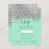 Luxury Silver Neo Mint Glitter Confetti Wedding RSVP Kaartje (Voorkant / Achterkant)