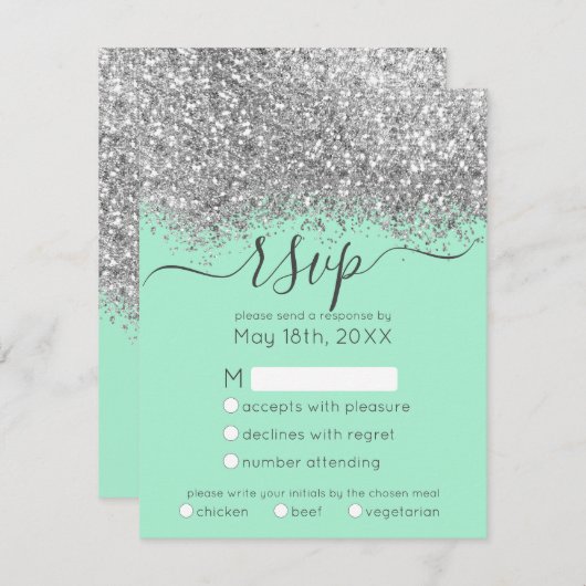 Luxury Silver Neo Mint Glitter Confetti Wedding RSVP Kaartje (Voorkant / Achterkant)