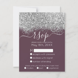 Luxury Silver Paarse Glitter Confetti Wedding RSVP Kaartje