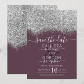 Luxury Silver Paarse Glitter Confetti Wedding Save The Date (Voorkant / Achterkant)