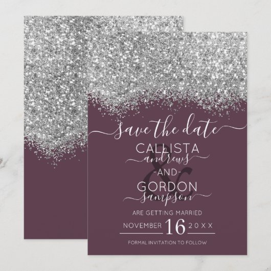 Luxury Silver Paarse Glitter Confetti Wedding Save The Date (Voorkant / Achterkant)