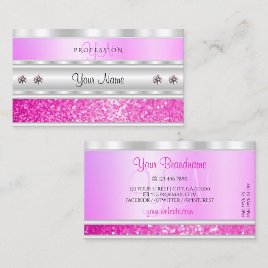 Luxury Silver Pink Sparking Glitter met Monogram Visitekaartje (Voorkant / Achterkant)
